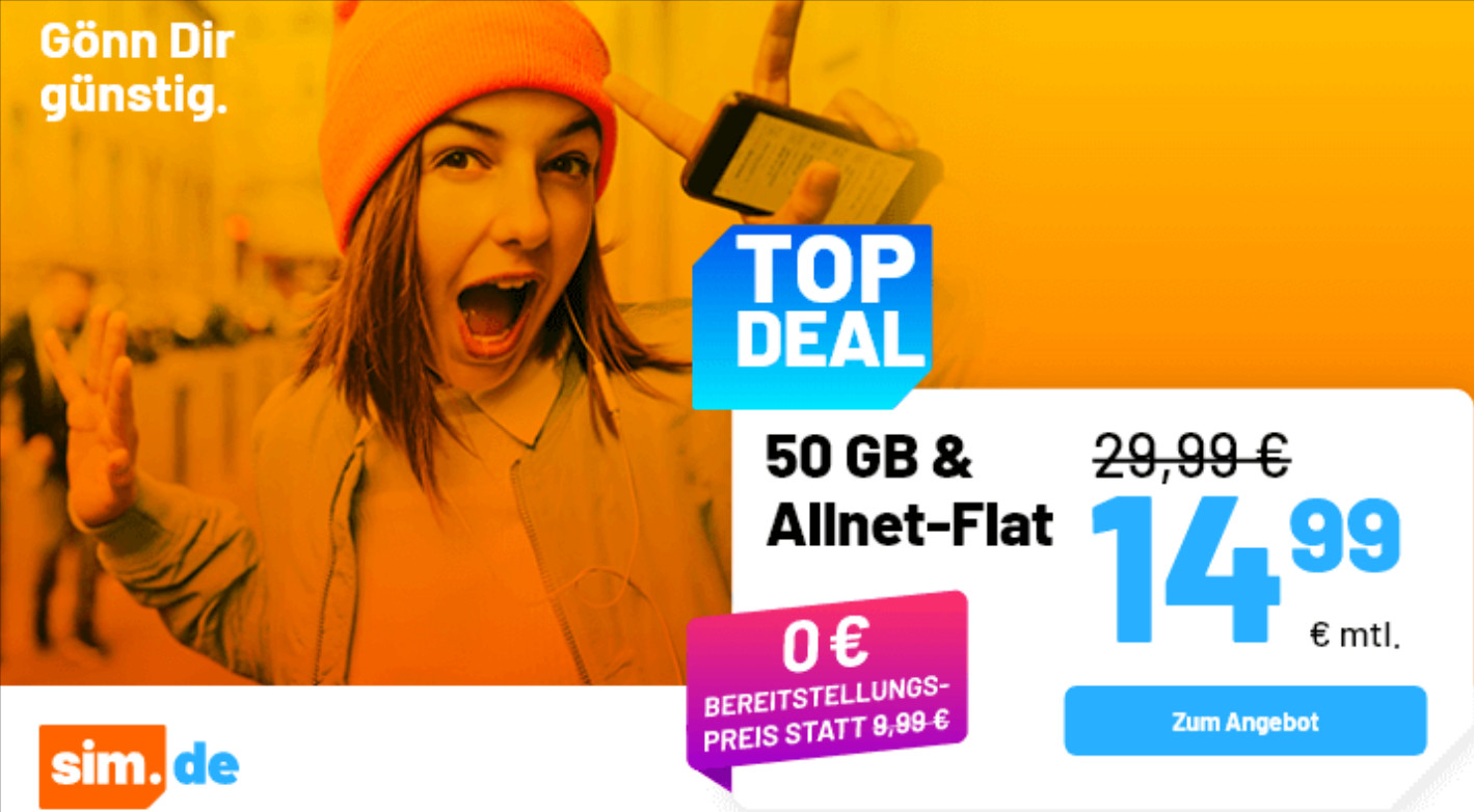 Preiskracher 50 GB Tarife: Simde 50 GB 5G Allnet-Flat f�r 14,99 Euro mit mtl. Laufzeit