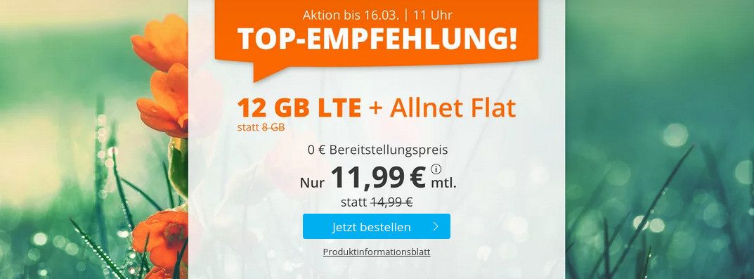 Tariftipp 12 GB Tarife: Sim.de 12 GB LTE All-In-Flat f�r 11,99 Euro ohne Laufzeit