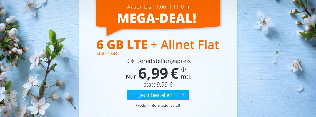 Preistipp 6 GB Tarife: Sim.de 6 GB LTE All-In-Flat f�r 6,99 Euro ohne Laufzeit