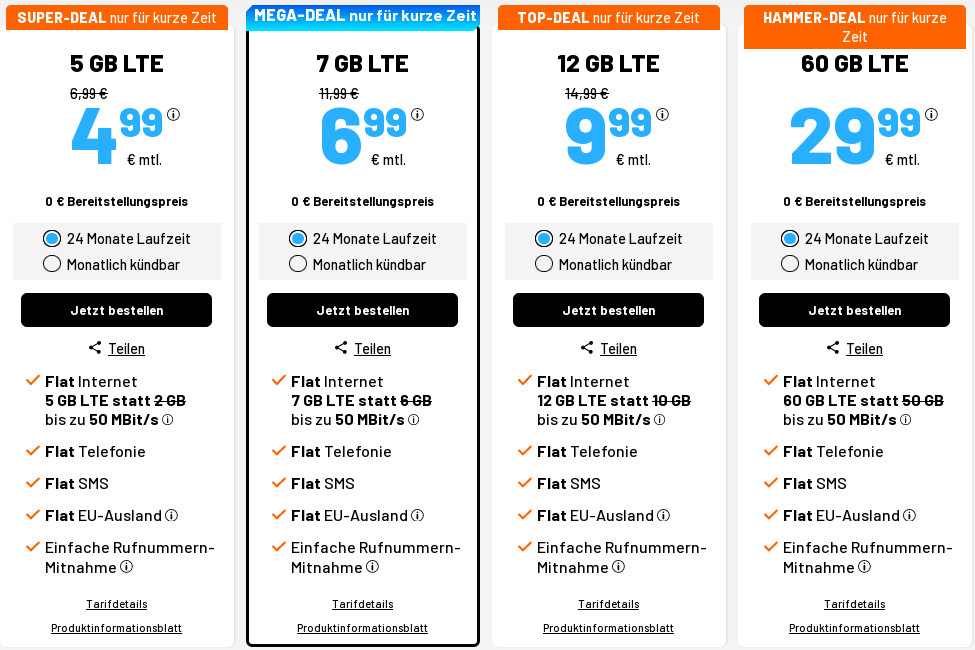 Tariftipp 5 GB Tarife: Sim.de 5 GB LTE Allnet-Flat f�r 4,99 Euro ohne Laufzeit