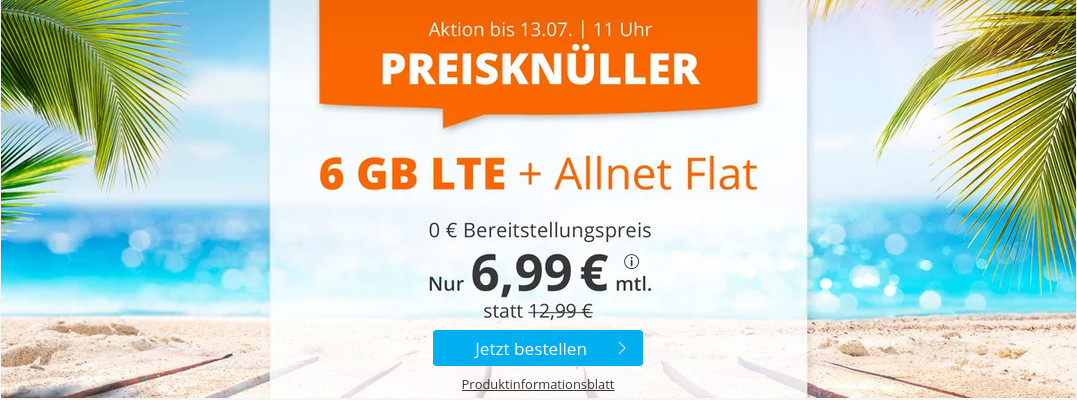 Sommerferien-Tariftipp 6 GB Tarife: Sim.de 6 GB LTE All-Net-Flat f�r 6,99 Euro ohne Laufzeit