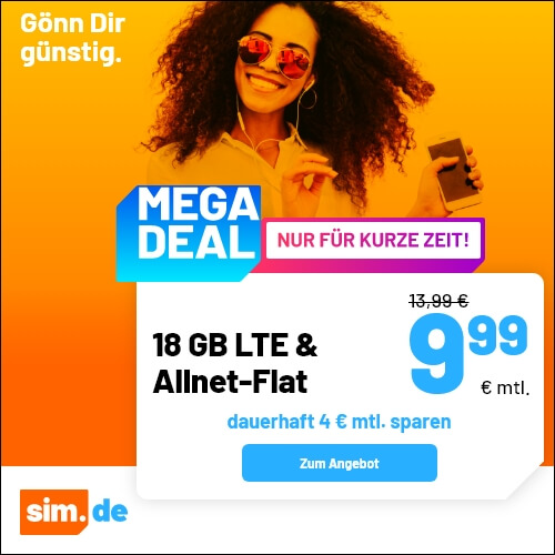Preistipp 18 GB Handytarife: Simde 18 GB LTE Allnet-Flat f�r 9,99 Euro mit mtl. Laufzeit