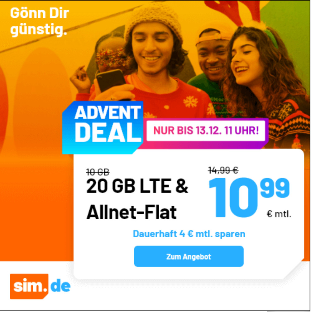 Tariftipp Allnet-Flat Spartarife: Sim.de 20 GB LTE Allnet-Flat f�r 10,99 Euro ohne Anschlusspreis