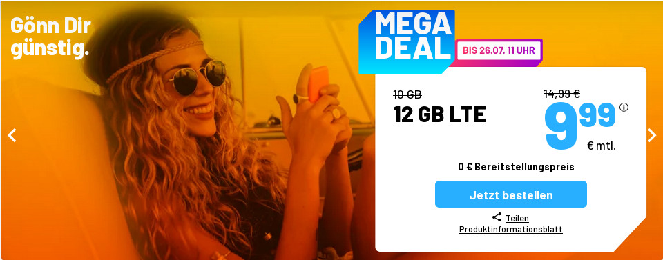 Tariftipp 12 GB Tarife: Sim.de 12 GB LTE Allnet-Flat f�r 9,99 Euro ohne Anschlusspreis