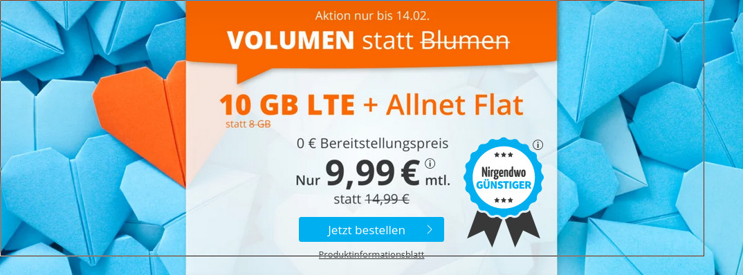 Tariftipp 10 GB Tarife: Sim.de 10 GB LTE All-In-Flat f�r 9,99 Euro ohne Laufzeit, 5 Euro sparen