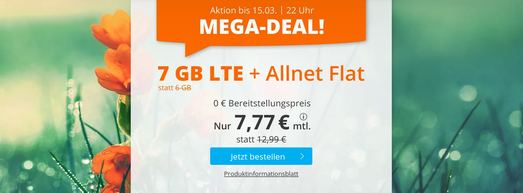 Tariftipp 7 GB Tarife: Sim.de 7 GB LTE All-In-Flat f�r 7,77 Euro ohne Laufzeit, 5 Euro sparen
