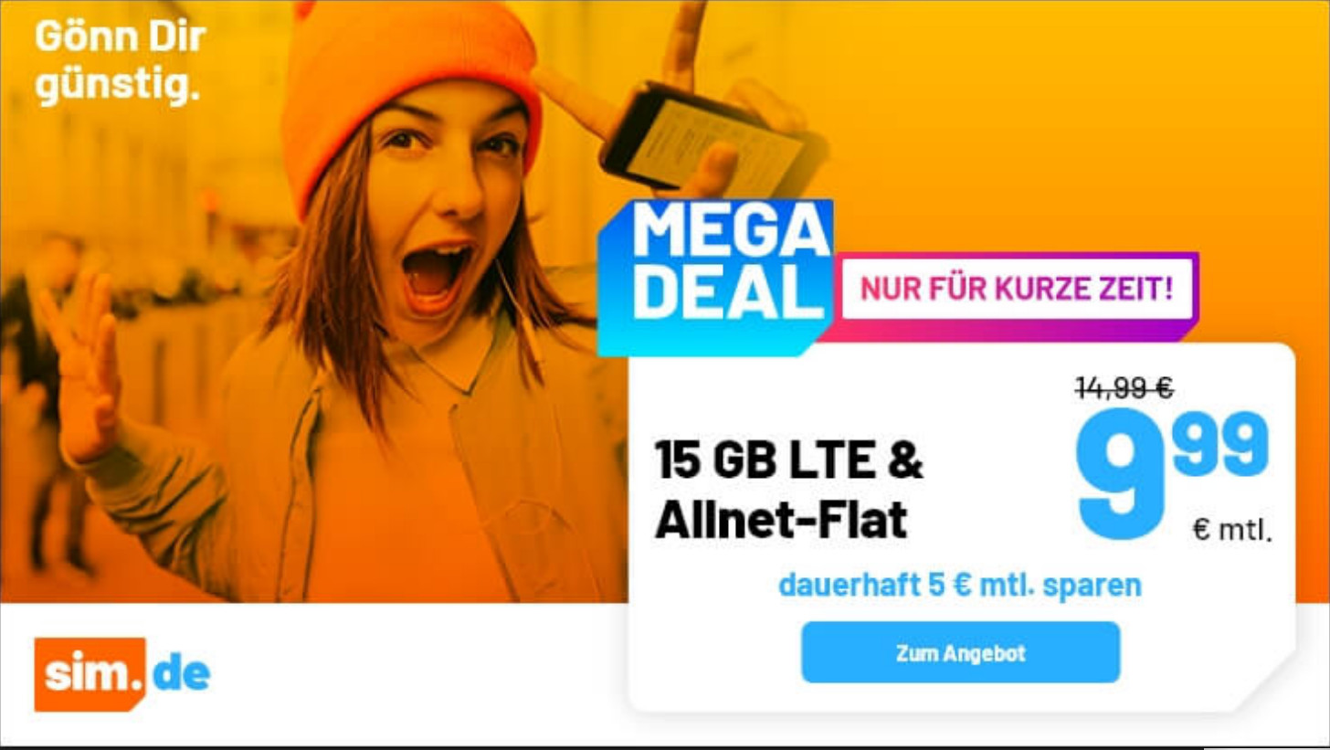 Tariftipp 15 GB Tarife: Simde 15 GB LTE Allnet-Flat fr 9,99 Euro mit mtl. Laufzeit