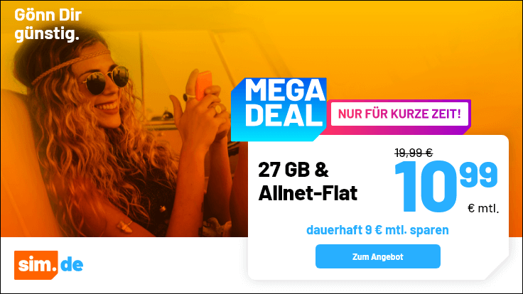 Tariftipp 27 GB Handytarife --Sim.de 27 GB LTE Allnet-Flat fr 10,99 Euro mit mtl. Laufzeit