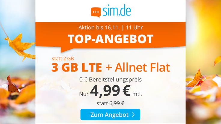 Preistipp 3 GB Tarife: Sim.de 3 GB LTE Allnet-Flat f�r 4,99 Euro ohne Laufzeit
