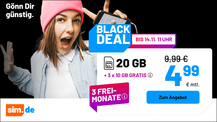 Entdecken Sie die aktuellen sim.de 5G Allnet Flat Angebote mit dauerhaft g�nstigen Preisen, Bonus-Datenvolumen und flexiblen Vertragslaufzeiten.