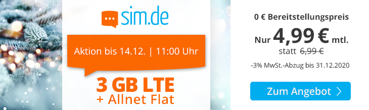 Spartipp 3 GB Tarife: Sim.de 3 GB LTE All-In-Flat f�r 4,99 Euro ohne Laufzeit