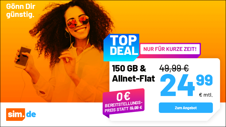 Ab sofort gibt es wieder die Handytarife vom Handydiscounter Sim.de mit einem tollen <em>Tariftipp bei den 150 GB Tarifen </em> f�r unsere Leser im im 1&1 5G Netz und Vodafone Netz (Drillisch).