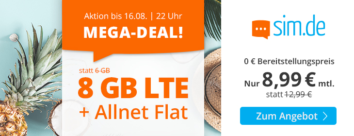 Sommerferien-Special: Sim.de 8 GB Allnet-Flat f�r mtl. 7,99 Euro ohne Laufzeit