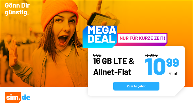 Spartipp 16 GB Handytarife: Sim.de 16 GB LTE Allnet-Flat f�r 10,99 Euro mit mtl. Laufzeit