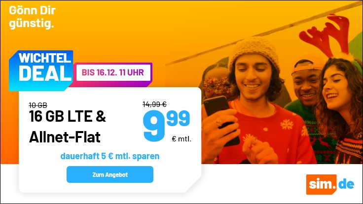 Tariftipp 16 GB Allnet-Flat: Sim.de 16 GB LTE Allnet-Flat f�r 9,99 Euro ohne Anschlusspreis