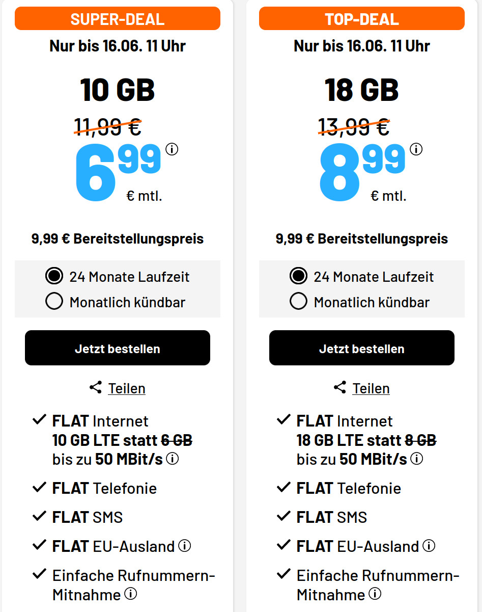 Preiskracher 10 GB Tarife --Sim.de 10 GB LTE Allnet-Flat fr 6,99 Euro ohne Anschlusspreis