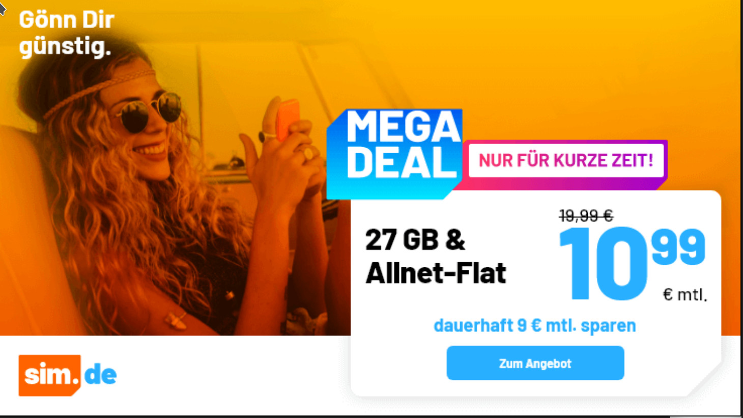 Tariftipp 27 GB Handytarife --Sim.de 27 GB LTE Allnet-Flat f�r 10,99 Euro mit mtl. Laufzeit