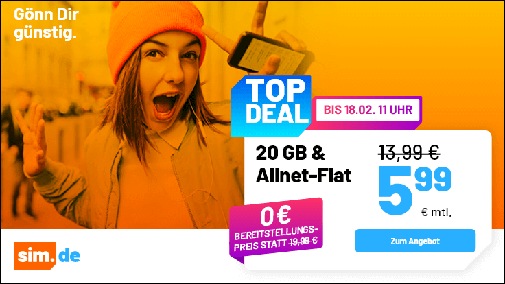 Preistipp 20 GB Handytarife: Simde 20 GB Allnet-Flat fr 5,99 Euro mit mtl. Laufzeit