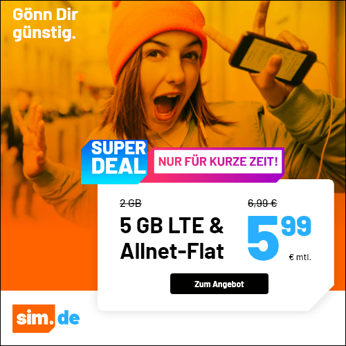 Tariftipp 5 GB Tarife: Sim.de 5 GB LTE All-In-Flat f�r 5,99 Euro ohne Laufzeit, 4 Euro sparen