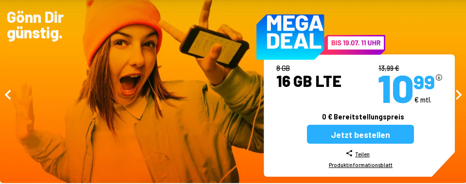 Tariftipp 16 GB Handytarife: Sim.de 16 GB LTE Allnet-Flat f�r 10,99 Euro mit mtl. Laufzeit