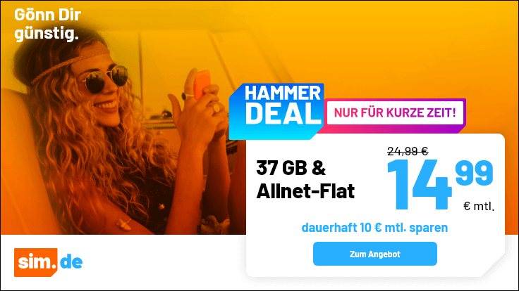 Tarifpower 37 GB Handy-Flatrate Tarife: Sim.de 37 GB LTE Allnet-Flat f�r 14,99 Euro mit mtl. Laufzeit
