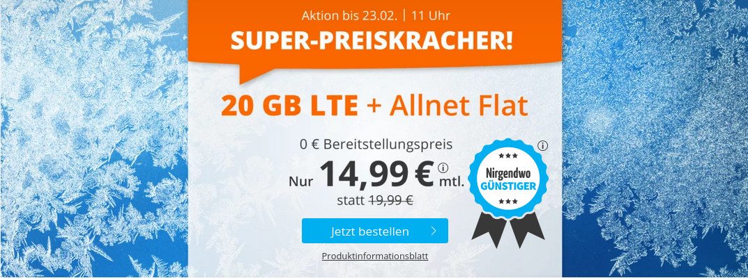 Tariftipp LTE Tarife: Sim.de 20 GB LTE All-In-Flat f�r 14,99 Euro ohne Laufzeit, 5 Euro sparen