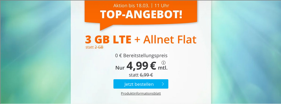 Spartipp 3 GB Tarife: Sim.de 3 GB LTE All-In-Flat f�r 4,99 Euro ohne Laufzeit