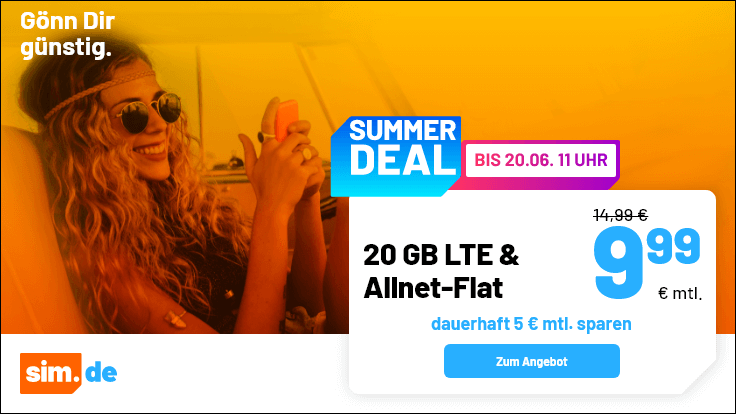 Tariftipp 20 GB Handytarife --Sim.de 20 GB LTE Allnet-Flat f�r 9,99 Euro ohne Anschlusspreis
