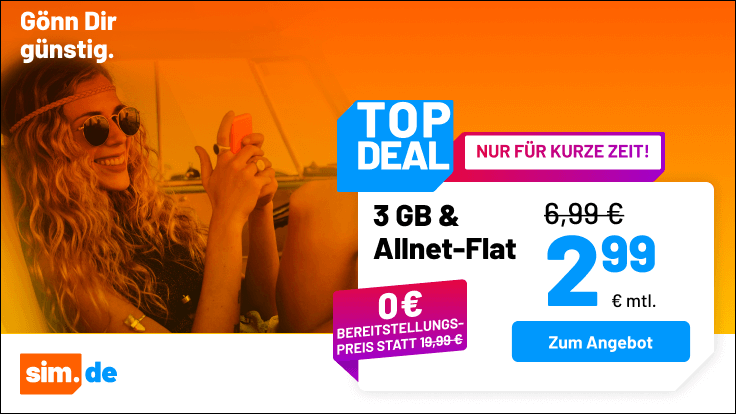 Es wieder die Handytarife vom Handydiscounter Sim.de mit einem tollen <em>Tariftipp bei den 3 GB Tarifen </em> f�r unsere Leser im im 1&1 5G Netz und Vodafone Netz (Drillisch).