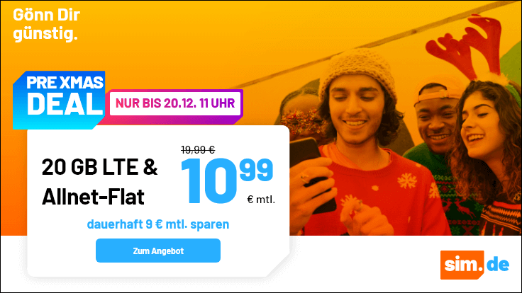 Advents-Deal 20 GB Tarife: Sim.de 20 GB LTE Allnet-Flat f�r 10,99 Euro ohne Anschlusspreis