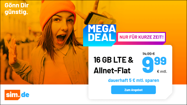 Tariftipp 16 GB Tarife: Sim.de 16 GB LTE Allnet-Flat f�r 9,99 Euro ohne Anschlusspreis