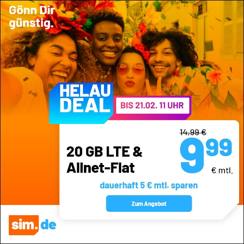 Karnevals-Deal 20 GB Tarife --Sim.de 202 GB LTE Allnet-Flat f�r 9,99 Euro ohne Anschlusspreis