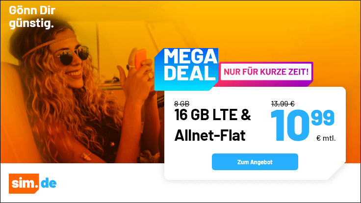 Sparpower Handytarife: Sim.de 16 GB LTE Allnet-Flat f�r 10,99 Euro mit mtl. Laufzeit