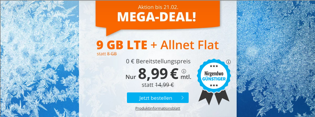 Tariftipp LTE Tarife: Sim.de 9 GB LTE All-In-Flat f�r 8,99 Euro ohne Laufzeit, 6 Euro sparen