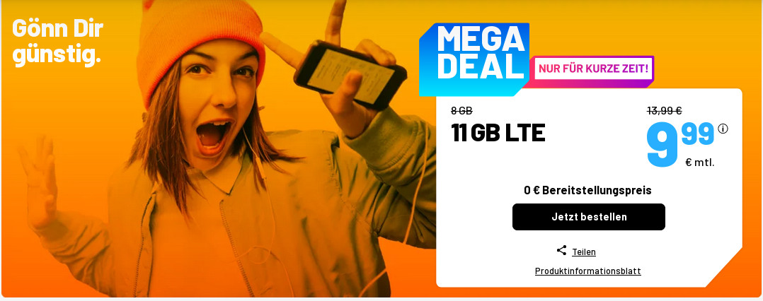 Tariftipp 11 GB Tarife: Sim.de 11 GB LTE Allnet-Flat f�r 9,99 Euro ohne Anschlusspreis