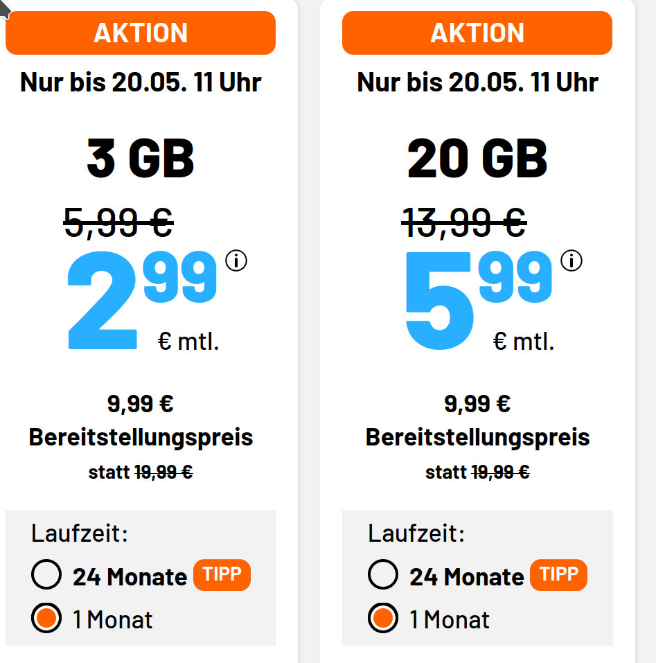 Zum Wochenstart gibt es wieder die Handytarife vom Handydiscounter Sim.de mit einem tollen <em>Tariftipp bei den 3 GB Tarifen </em> f�r unsere Leser im im 1&1 5G Netz und Vodafone Netz (Drillisch).