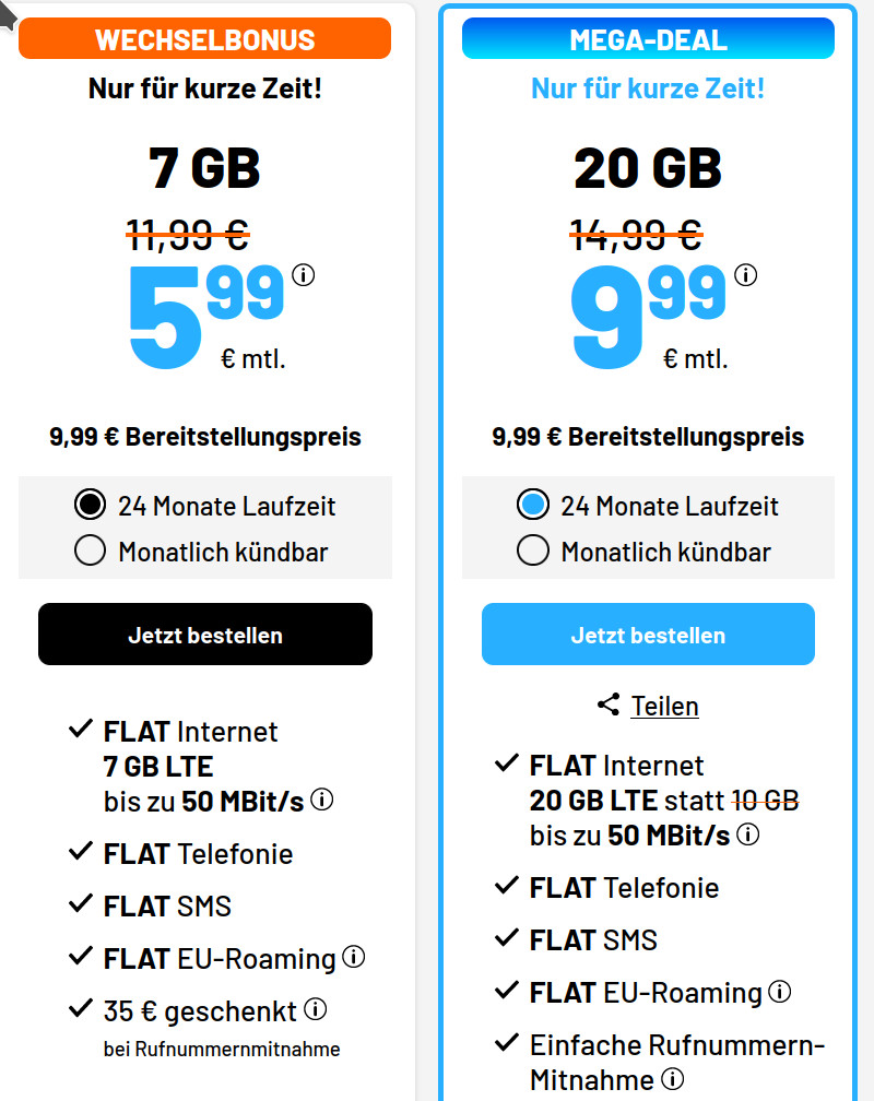 Spartipp LTE Tarife: 35 Wechselbonus beim Sim.de 7 GB GB LTE Allnet-Flat f�r 5,99 Euro