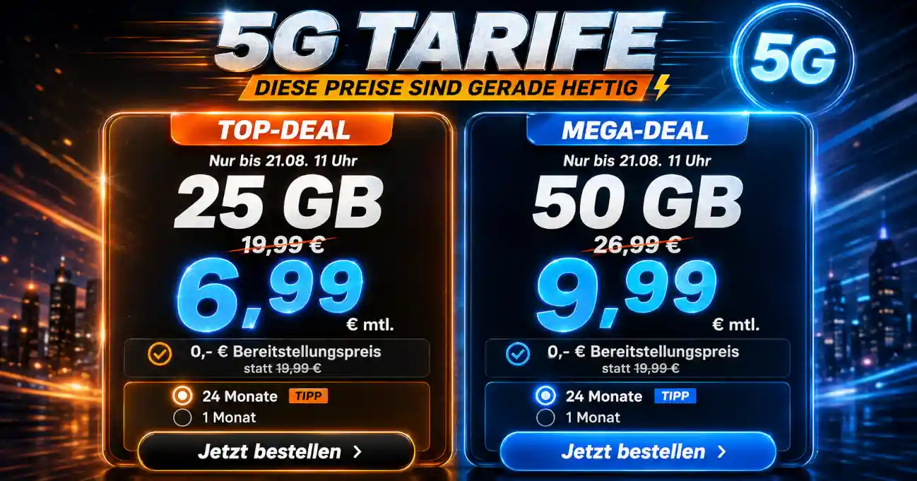 G�nstige 5G Tarife im Vergleich: 25 GB, 35 GB, 40 GB, 50 GB und 70 GB ab 5,99 Euro. Mit Telekom Netz, Vodafone Netz, Telef�nica, 1&1 und monatlich k�ndbaren 5G Allnet Flats