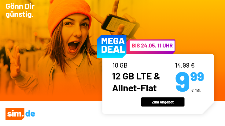 Tariftipp 12 GB Tarife: Sim.de 12 GB LTE Allnet-Flat f�r 9,99 Euro ohne Anschlusspreis