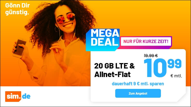Vatertags Deal 20 GB Handytarife --Sim.de 20 GB LTE Allnet-Flat f�r 10,99 Euro ohne Anschlusspreis