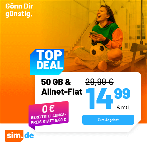 Preiskracher 50 GB Tarife: Simde 50 GB 5G Allnet-Flat f�r 14,99 Euro mit mtl. Laufzeit