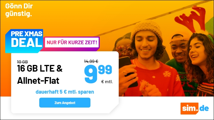 Tariftipp 16 GB Allnet-Flat: Sim.de 16 GB LTE Allnet-Flat f�r 9,99 Euro ohne Anschlusspreis
