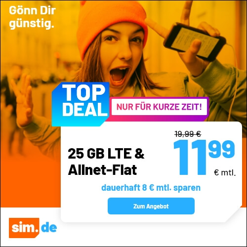 Spartipp 25 GB Tarife --Sim.de 25 GB LTE Allnet-Flat f�r 11,99 Euro ohne Anschlusspreis