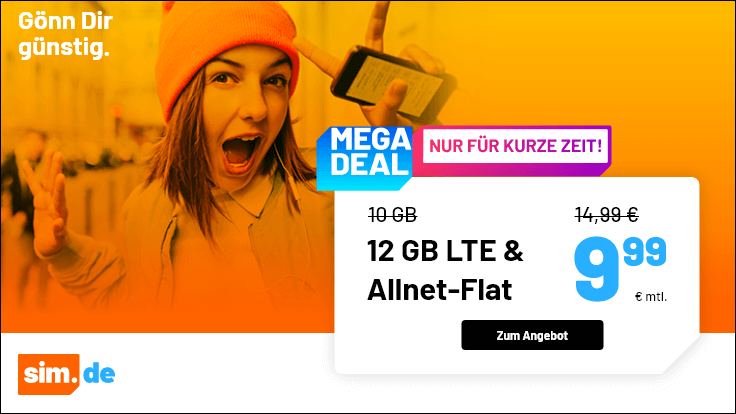 Tariftipp 12 GB Tarife: Sim.de 12 GB LTE Allnet-Flat f�r 9,99 Euro ohne Anschlusspreis