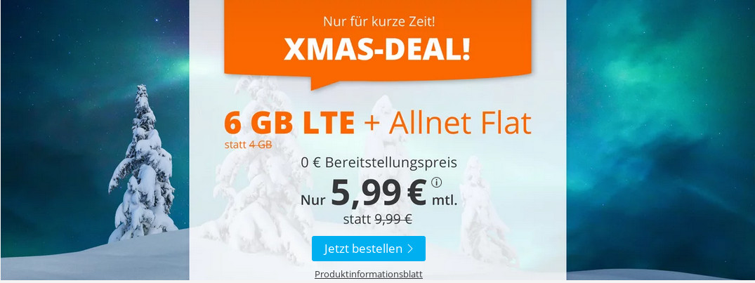 Weihnachts-Deal: Sim.de 6 GB LTE All-In-Flat f�r 5,99 Euro ohne Laufzeit, 4 Euro sparen