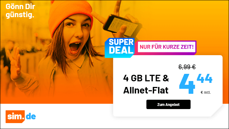 Tariftipp 4 GB Tarife: Sim.de 4 GB LTE Allnet-Flat f�r 4,44 Euro ohne Laufzeit