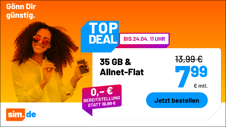 sim.de startet Wochen-Deal: 35 GB 5G Allnet Flat f�r nur 9,99 Euro monatlich ohne Preiserh�hung. Alle Details, Vergleich & Einordnung jetzt lesen.