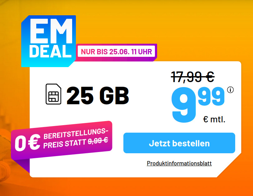 Fussball EM 25 GB Tarife: Simde 25 GB 5G Allnet-Flat f�r 9,99 Euro ohne Anschlusspreis