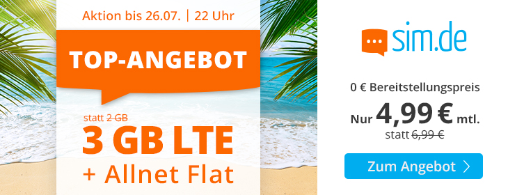 Spartipp 3 GB Tarife: Sim.de 3 GB LTE Allnet-Flat f�r 4,99 Euro ohne Laufzeit