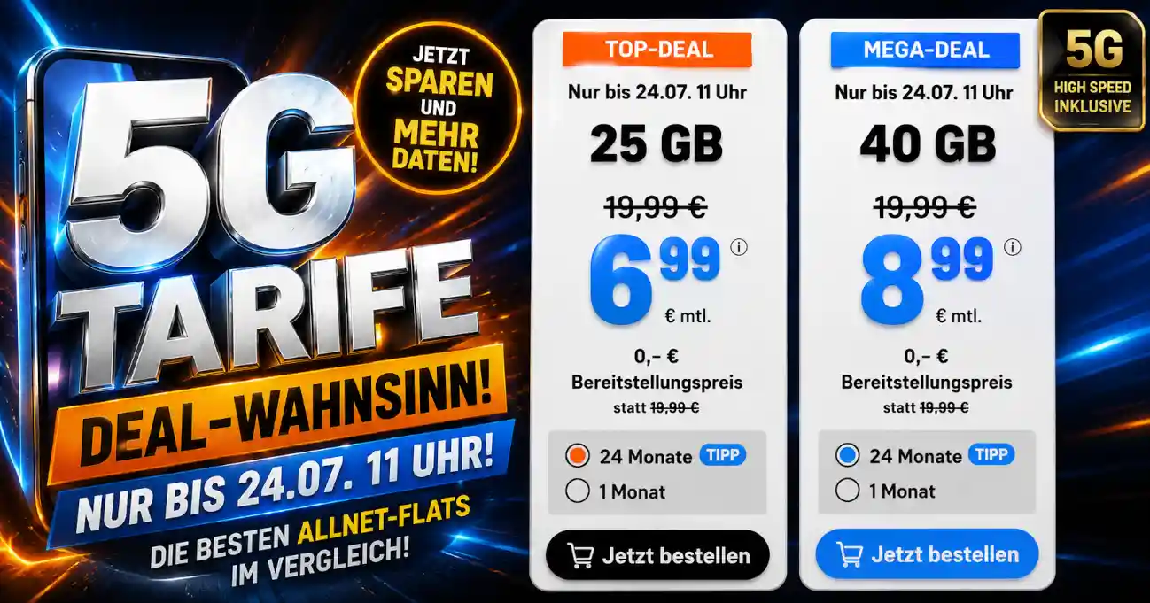 G�nstige 5G Tarife im Vergleich: 25 GB, 35 GB, 40 GB, 50 GB und 70 GB ab 5,99 Euro. Mit Telekom Netz, Vodafone Netz, Telef�nica, 1&1 und monatlich k�ndbaren 5G Allnet Flats
